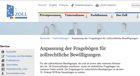 Screenshot der Homepage Zoll.de zum Thema Fragebogen für zollrechtliche Bewilligungen
